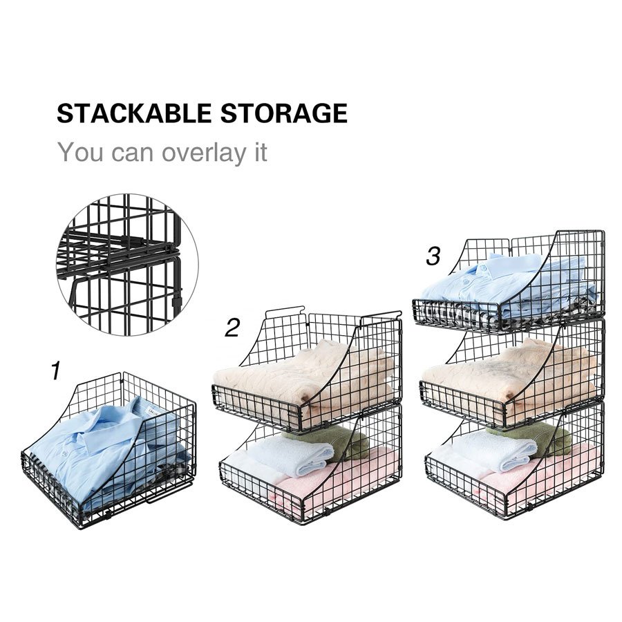 Hot sale Rustic standing Stackable Metal Wire Basket Storage Bins Closet Organizers and Storage 3 Pack for Countertop Cabinet