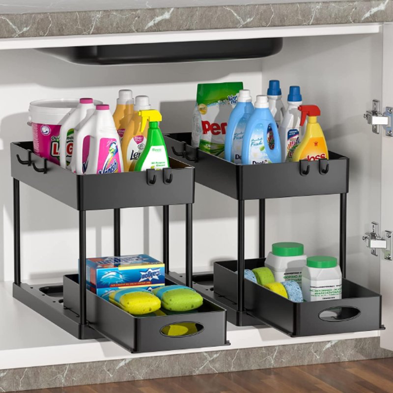 WELLTOP Sliding Cabinet Organizer Drawer, Under Sink Organizers and Storage 2 Tier Multi-purpose Bathroom Cabinet Organizer ABS