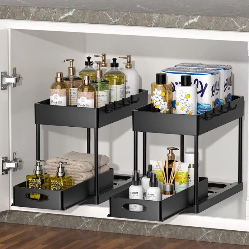 WELLTOP Sliding Cabinet Organizer Drawer, Under Sink Organizers and Storage 2 Tier Multi-purpose Bathroom Cabinet Organizer ABS
