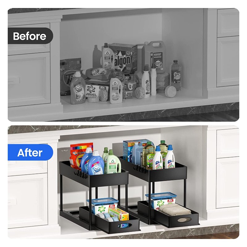 WELLTOP Sliding Cabinet Organizer Drawer, Under Sink Organizers and Storage 2 Tier Multi-purpose Bathroom Cabinet Organizer ABS