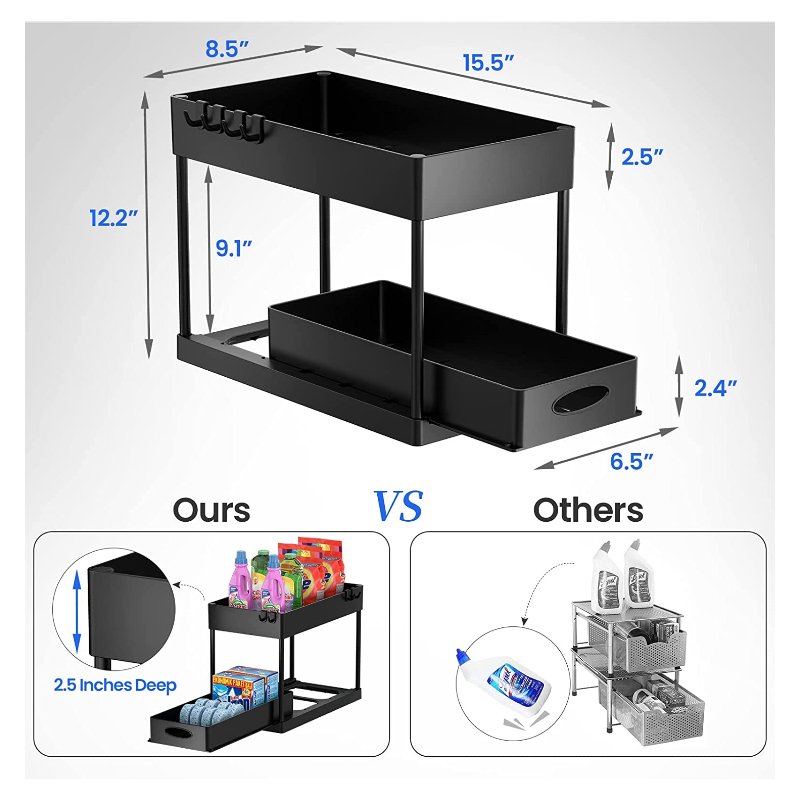 WELLTOP Sliding Cabinet Organizer Drawer, Under Sink Organizers and Storage 2 Tier Multi-purpose Bathroom Cabinet Organizer ABS