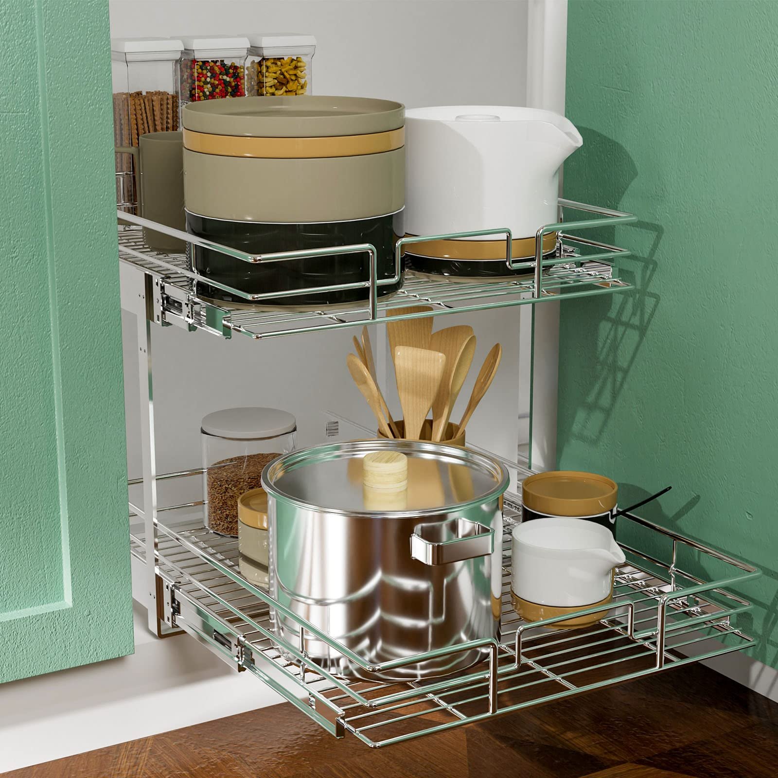2 Tier Individual Pull Out Cabinet Organizer Slide Out Kitchen Cabinet Storage Sliding Shelves