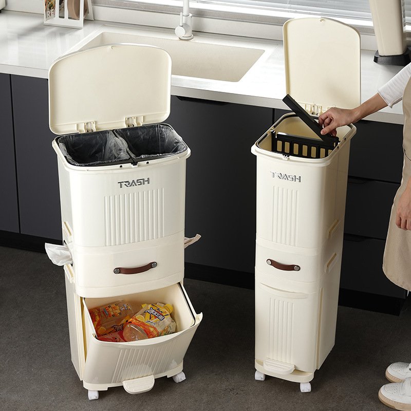 XJH Standing Plastic Kitchen Trash Can Multifunctional Dog-Proof Dual Compartment Waste Basket with Lid Storage Bucket