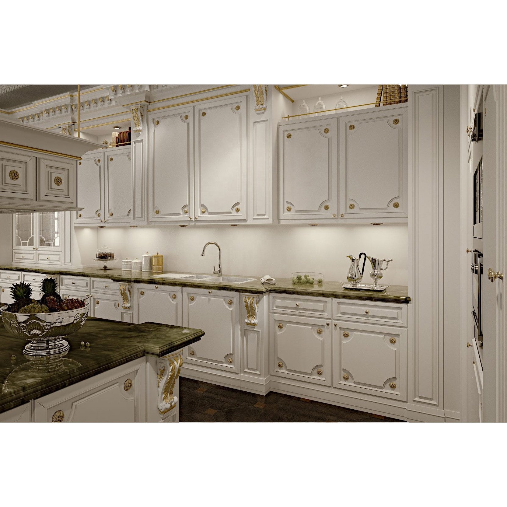 Luxury Great Design European Style White Solid Wood Kitchen Cabinets with Golden Line