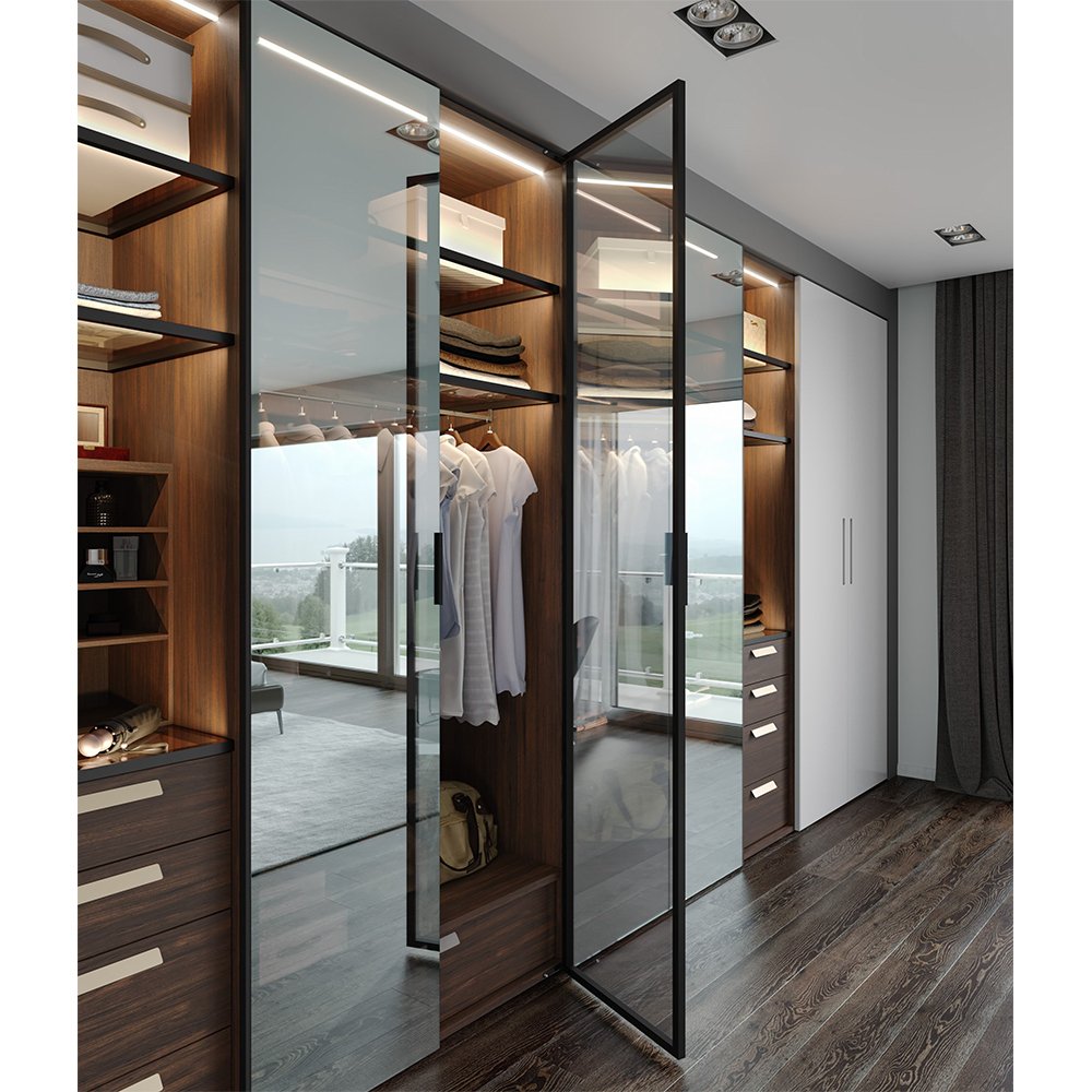 Dark Grey Glass Mirror Three Track Sliding Door Wardrobe