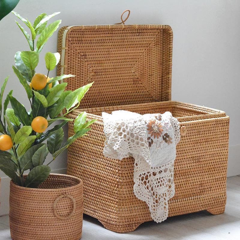 Large size storage bag trunk basket box with lid living room decor furniture rattan chest new design