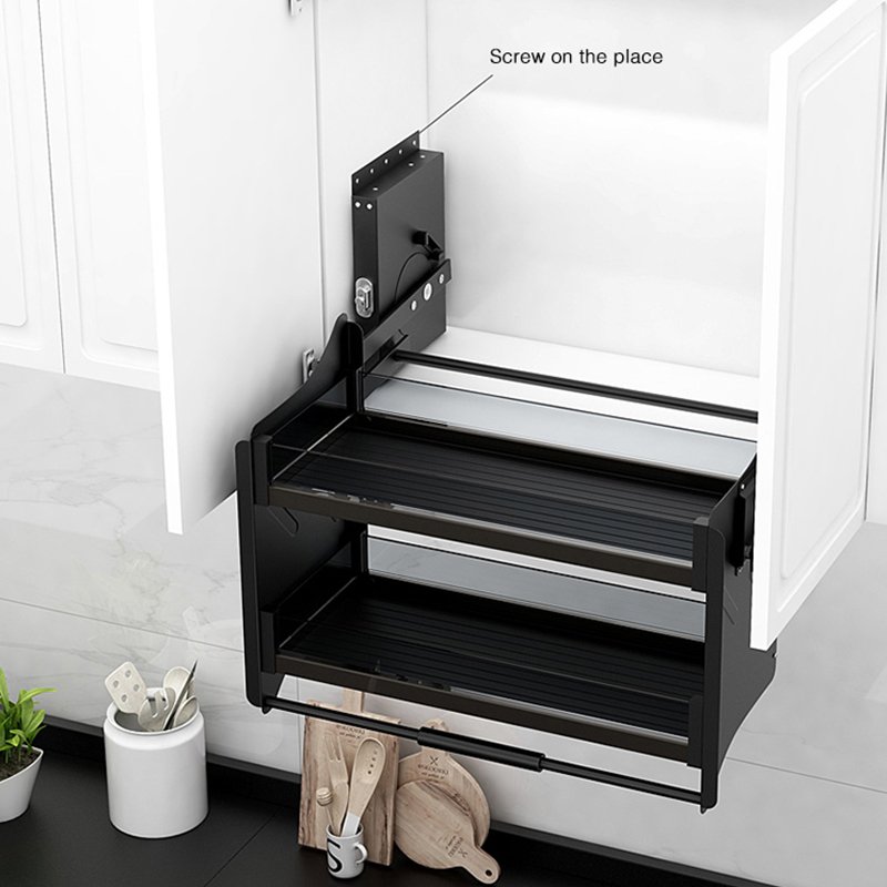 WELLTOP Kitchen Cabinet Drawer Pull Out Baskets Double Top Cabinet Condiment Basket Steel Kitchen Storage WTB-133 Lift Aluminum