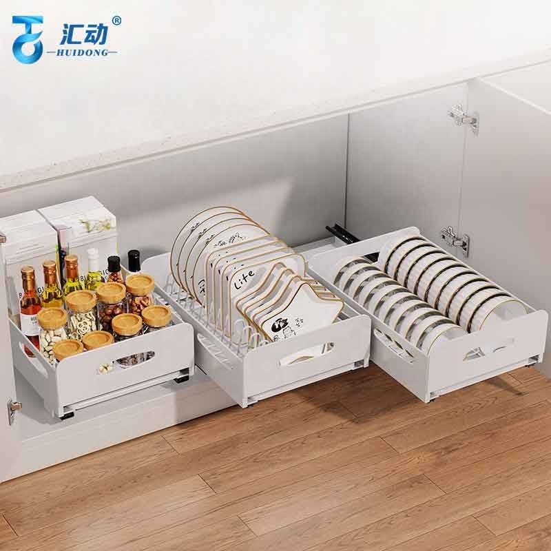 Kitchen cabinet dish cutlery holder multifunctional carbon steel drawer organizer rack Cup bowl plate Drain pull out basket