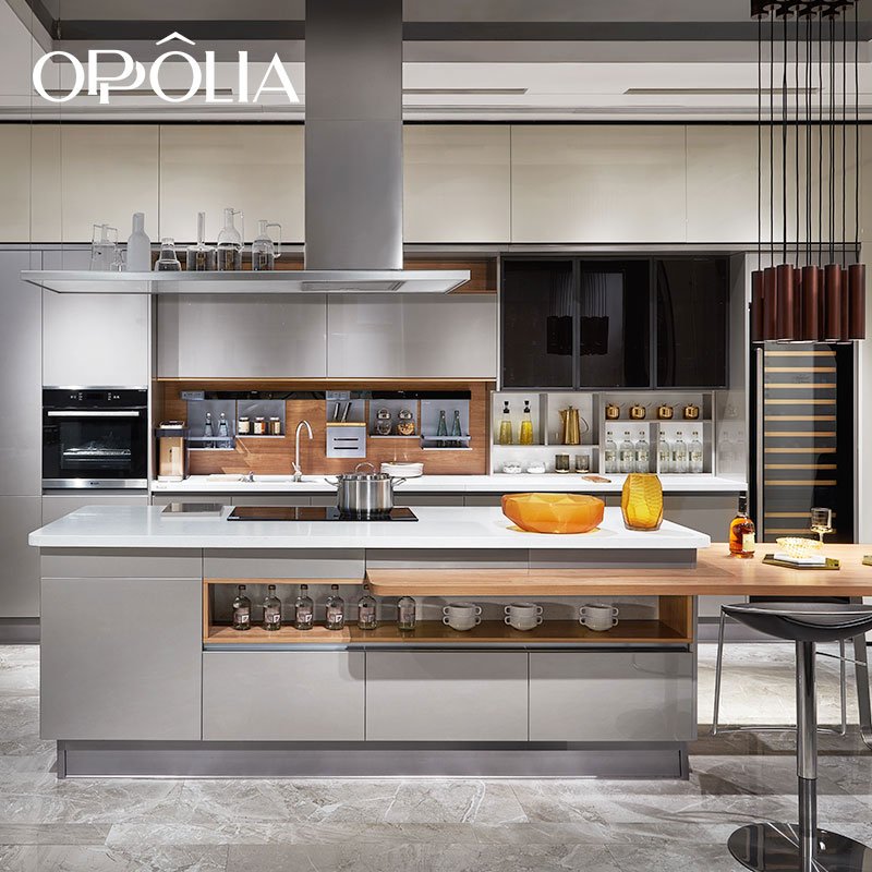 OPPOLIA Gray Glossy Kitchen Cabinet Straight Line Kitchen Furniture with Island Modern E1 Apartment Lacquer Kitchen Sink Glass