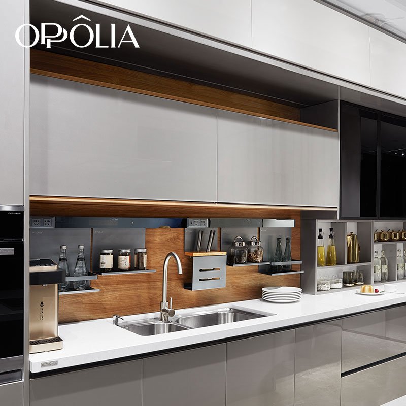 OPPOLIA Gray Glossy Kitchen Cabinet Straight Line Kitchen Furniture with Island Modern E1 Apartment Lacquer Kitchen Sink Glass
