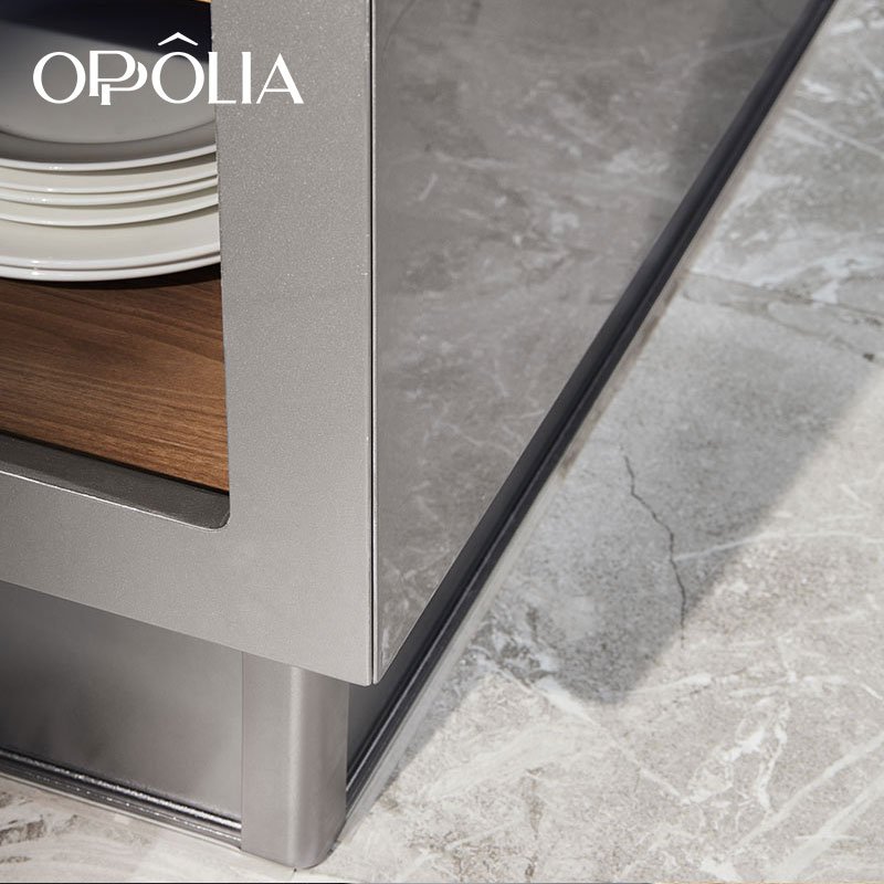 OPPOLIA Gray Glossy Kitchen Cabinet Straight Line Kitchen Furniture with Island Modern E1 Apartment Lacquer Kitchen Sink Glass