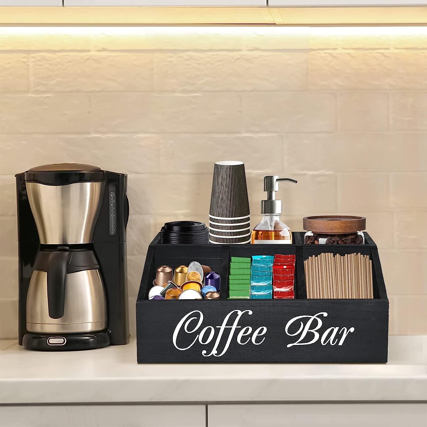 Coffee Station Organizer Coffee Bar Organizer for Counter Wood Coffee Pods Holder Storage Basket