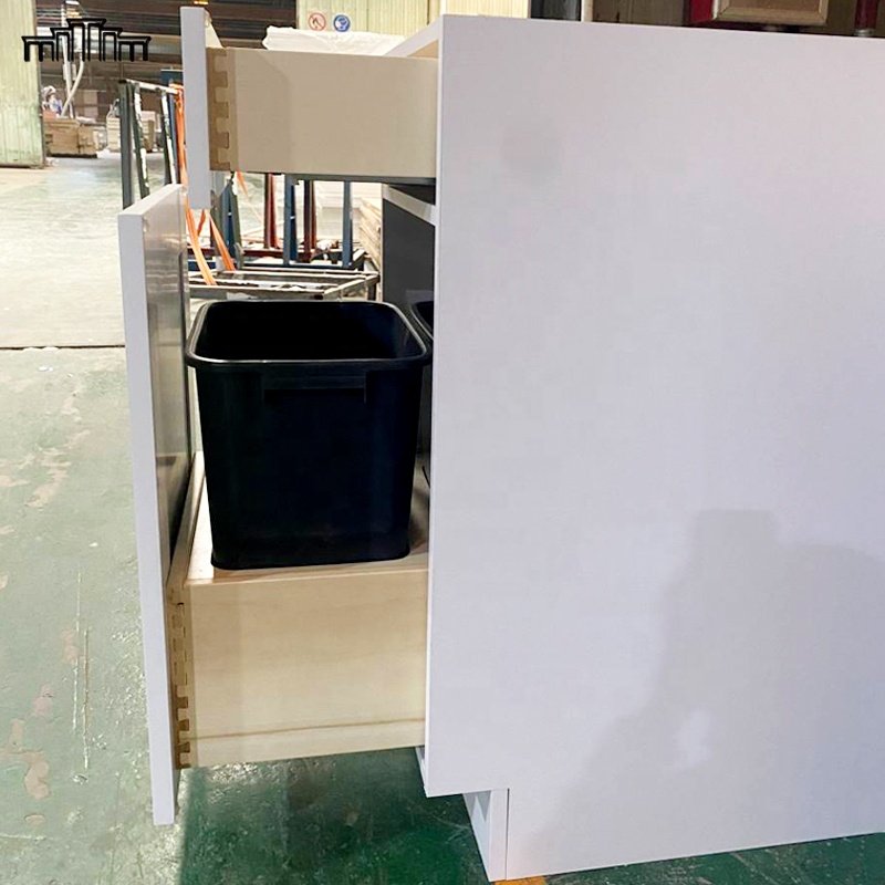 Factory Price Wholesale Frameless Modern White Shaker Real Wood Door Soft Close Kitchen Base Cabinet With Under Waste Bin