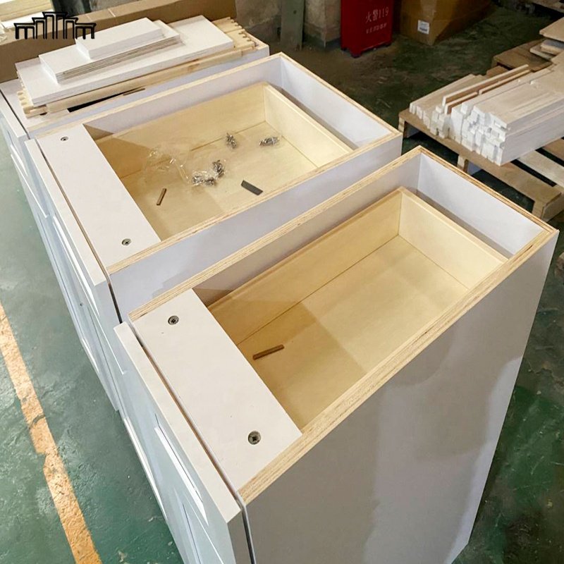 Factory Price Wholesale Frameless Modern White Shaker Real Wood Door Soft Close Kitchen Base Cabinet With Under Waste Bin