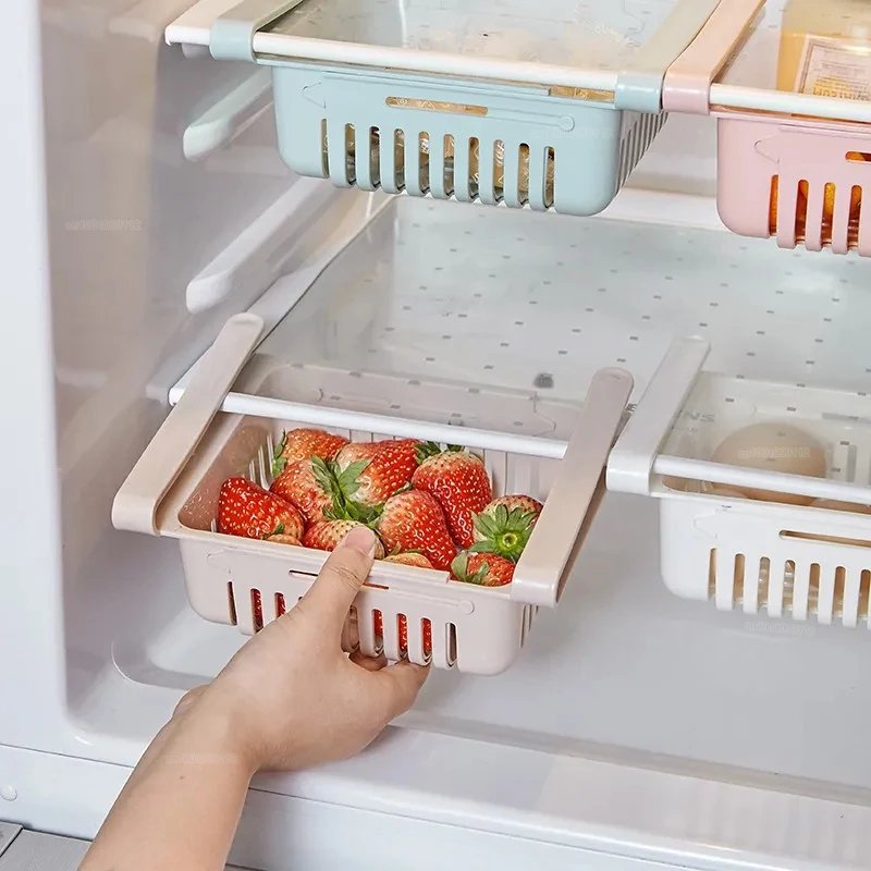 Kitchen Fruit Food Storage Box Plastic Fridge Organizer Slide Under Shelf Drawer Box Rack Holder Refrigerator Storage Containers