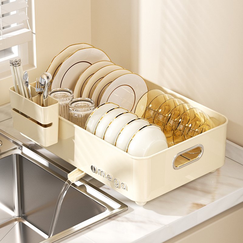 Kitchen dish cabinet drawer organizer rack with built-in basket bowl and plate draining rack cup holder rack