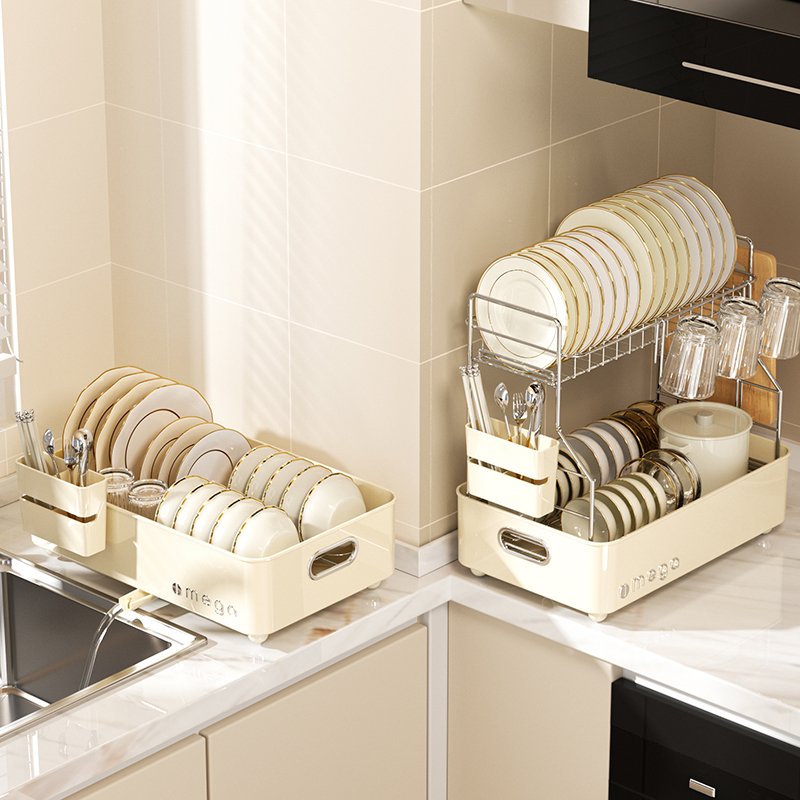 Kitchen dish cabinet drawer organizer rack with built-in basket bowl and plate draining rack cup holder rack