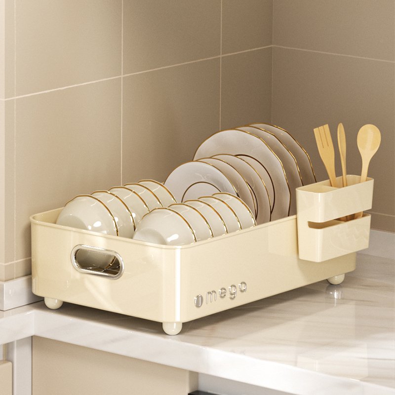 Kitchen dish cabinet drawer organizer rack with built-in basket bowl and plate draining rack cup holder rack