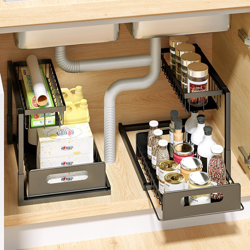 Multifunctional Double Pull Down Basket Cabinet Pull Out Sliding Shelf Drawer Organizer Kitchen Wire Basket Kitchen Accessories