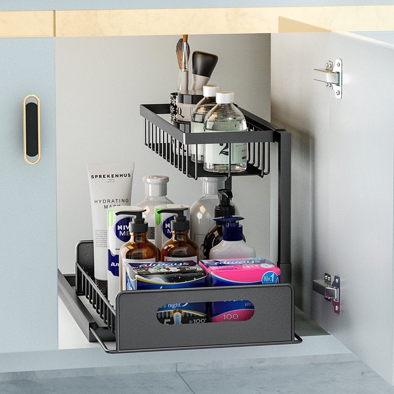 Multifunctional Double Pull Down Basket Cabinet Pull Out Sliding Shelf Drawer Organizer Kitchen Wire Basket Kitchen Accessories