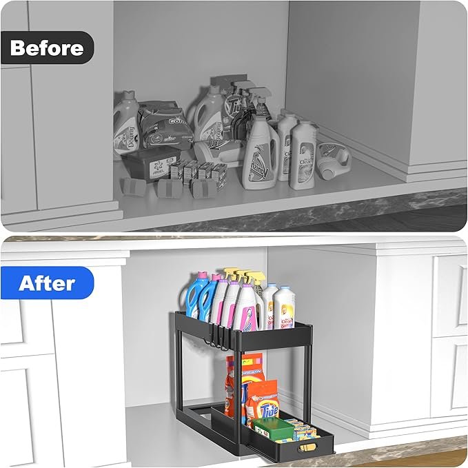 2PC 2-Tier Sliding Cabinet Basket Organizer Drawer with 4 Hooks Multi-Purpose Black Sink Storage Rack Bathroom Kitchen Desktop
