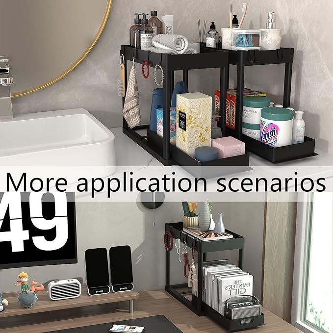 2PC 2-Tier Sliding Cabinet Basket Organizer Drawer with 4 Hooks Multi-Purpose Black Sink Storage Rack Bathroom Kitchen Desktop