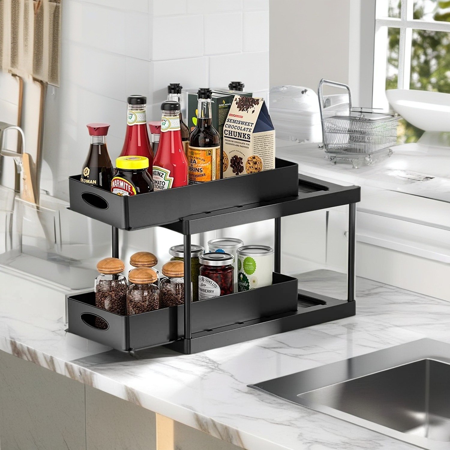 2PC 2-Tier Sliding Cabinet Basket Organizer Drawer with 4 Hooks Multi-Purpose Black Sink Storage Rack Bathroom Kitchen Desktop