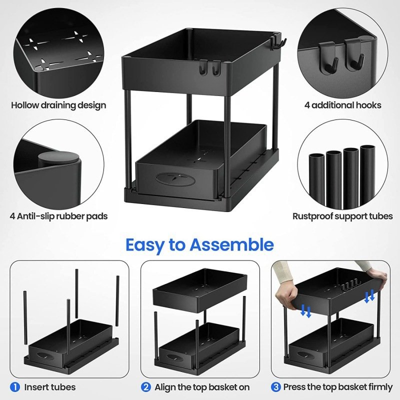 2PC 2-Tier Sliding Cabinet Basket Organizer Drawer with 4 Hooks Multi-Purpose Black Sink Storage Rack Bathroom Kitchen Desktop