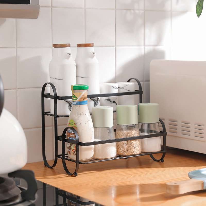 Wrought Iron Double Layer Condiment Rack Kitchen Countertop Floor Storage Rack Toiletries Floor Storage Rack For Utensils