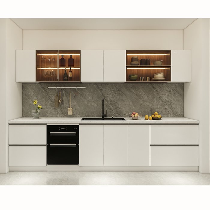 Luxury wooden style base island design hanging high gloss doors grey and white kitchen cabinets
