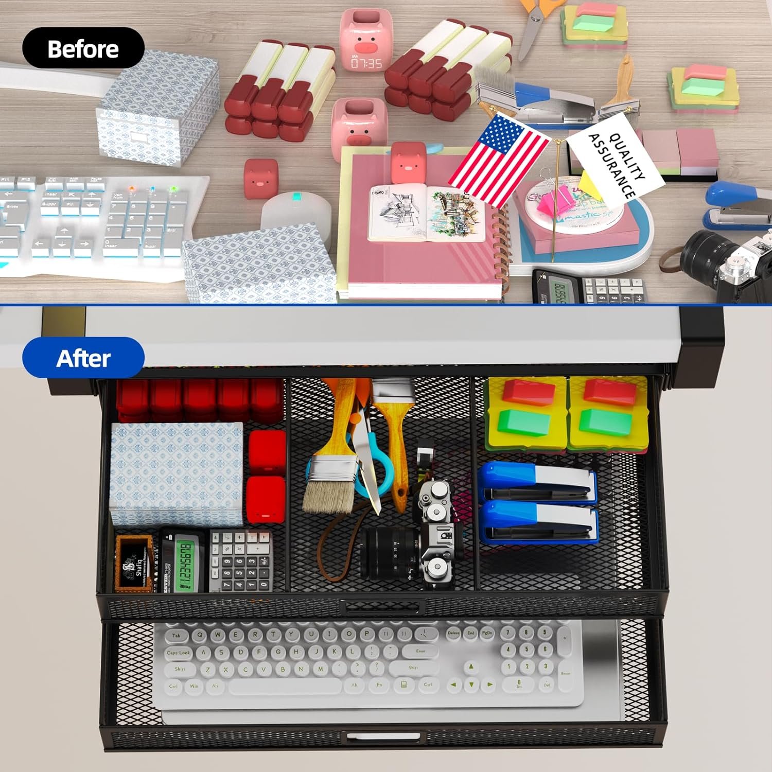 Under Desk Drawer Organizer Clamp-On Mesh Metal Desk Drawer Attachment Basket