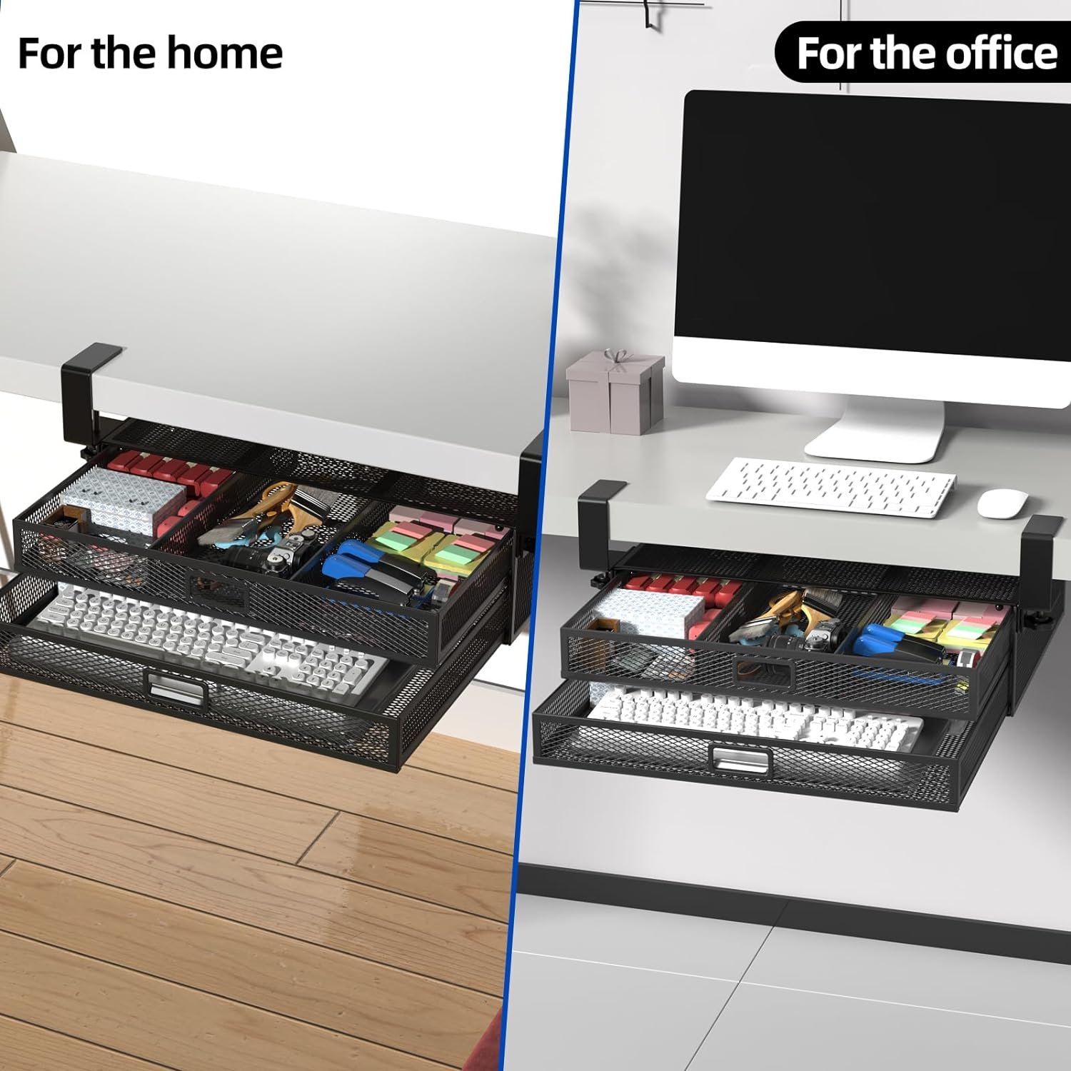 Under Desk Drawer Organizer Clamp-On Mesh Metal Desk Drawer Attachment Basket