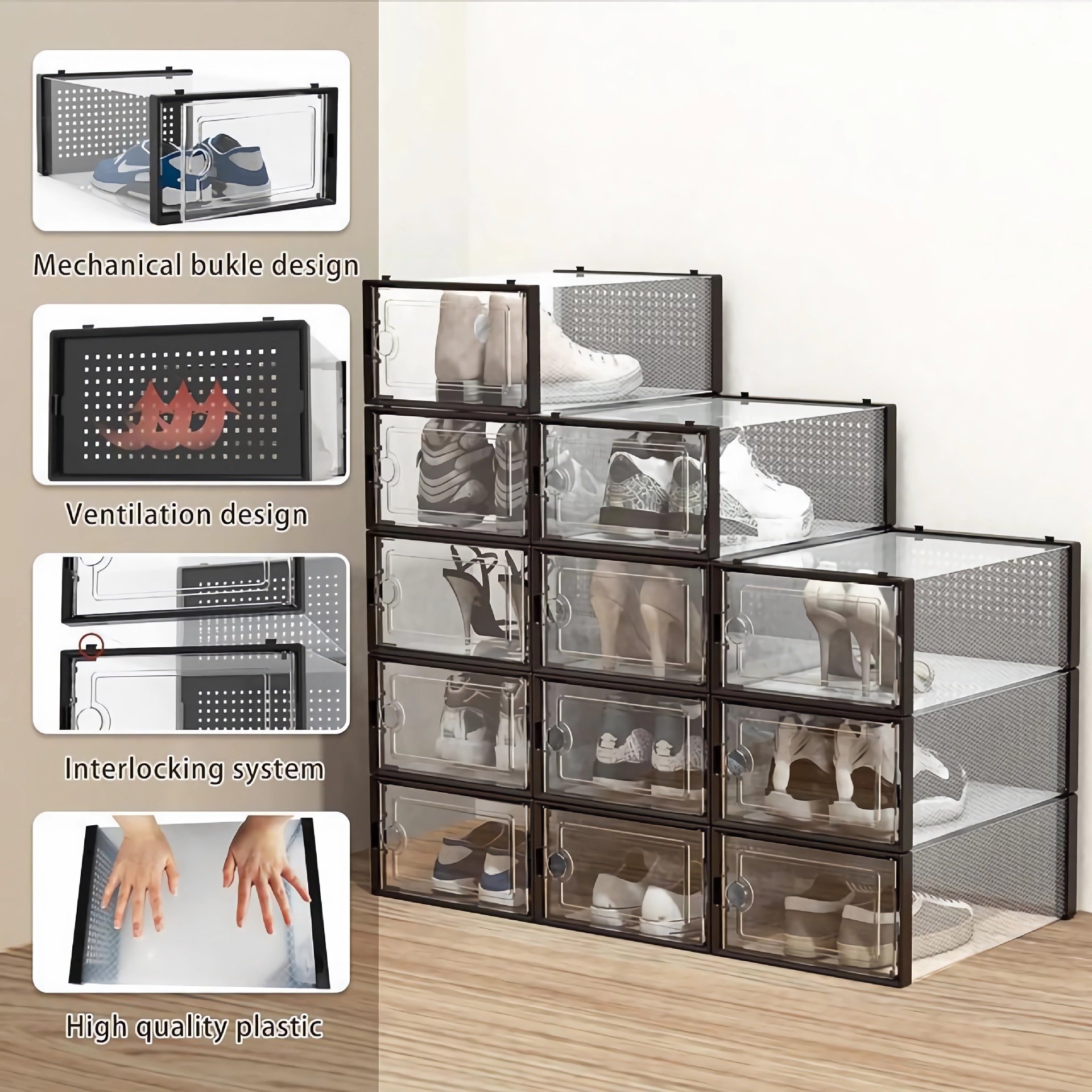 Modern Design Clear Plastic Foldable Detachable Drawer Case Bedroom Stackable Shoe Organizer & Storage Box for Wardrobe Storage