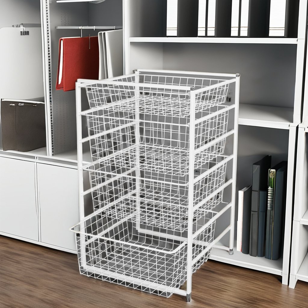 Modern 4-Tier Metal Sliding Wire Mesh Storage Drawer White Powder Coated Pull Storage Basket Rack for Bedroom Furniture