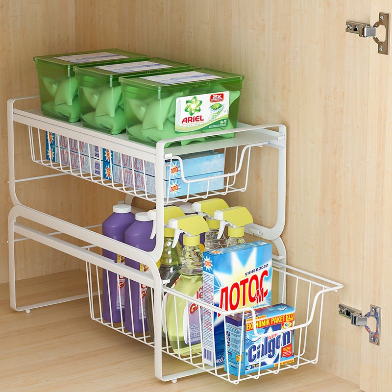 WIREKING Cabinet Storage Shelves Kitchen Spice Rack Under Sink Organizers with Put Out Drawers