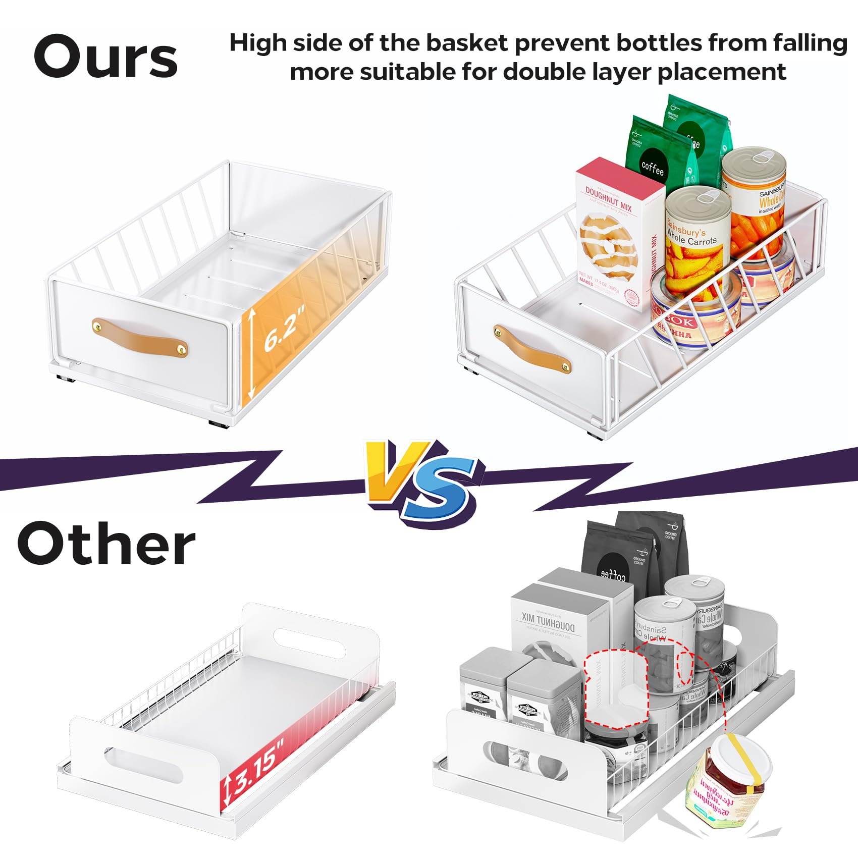 Pull out Cabinet Organizer,Heavy Duty Slide out Pantry Shelves Drawer Storage,Sliding Mesh Cabinet Basket with Handle
