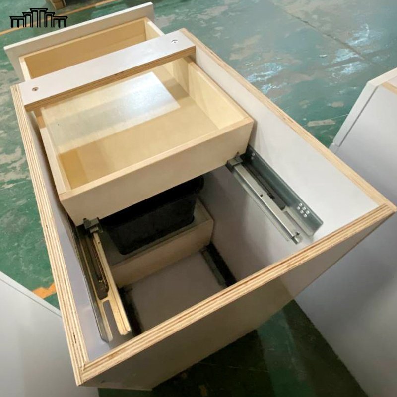 RTA Manufacturer & Distributor Modern White Paint Wood Dovetail Drawer Pull Out Storage Kitchen Cabinet With Under Waste Baskets