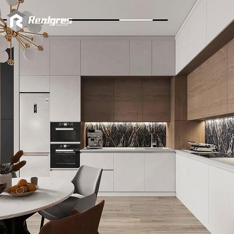 Realgres Frameless Backsplash Handleless L Shaped Lacquer Cupboard Kitchen Cabinet With Glass Door