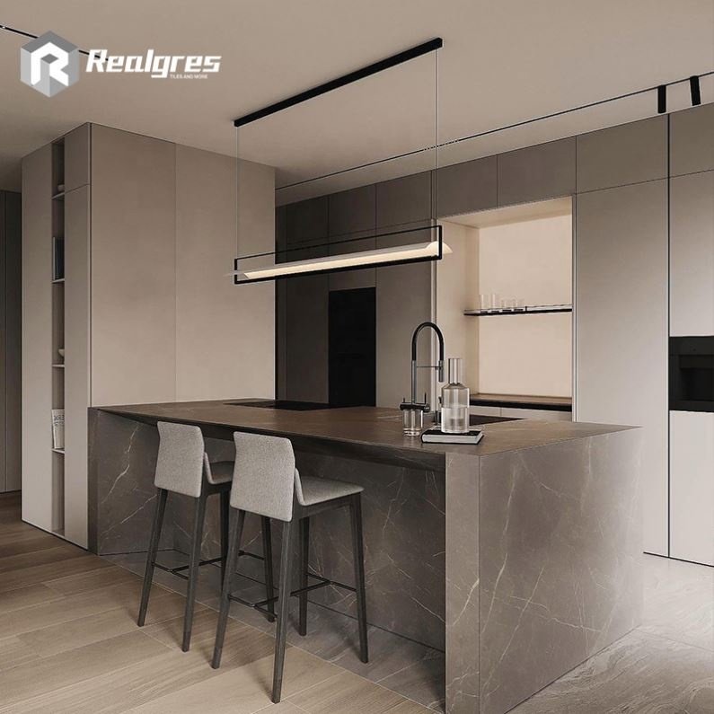 Realgres Frameless Backsplash Handleless L Shaped Lacquer Cupboard Kitchen Cabinet With Glass Door