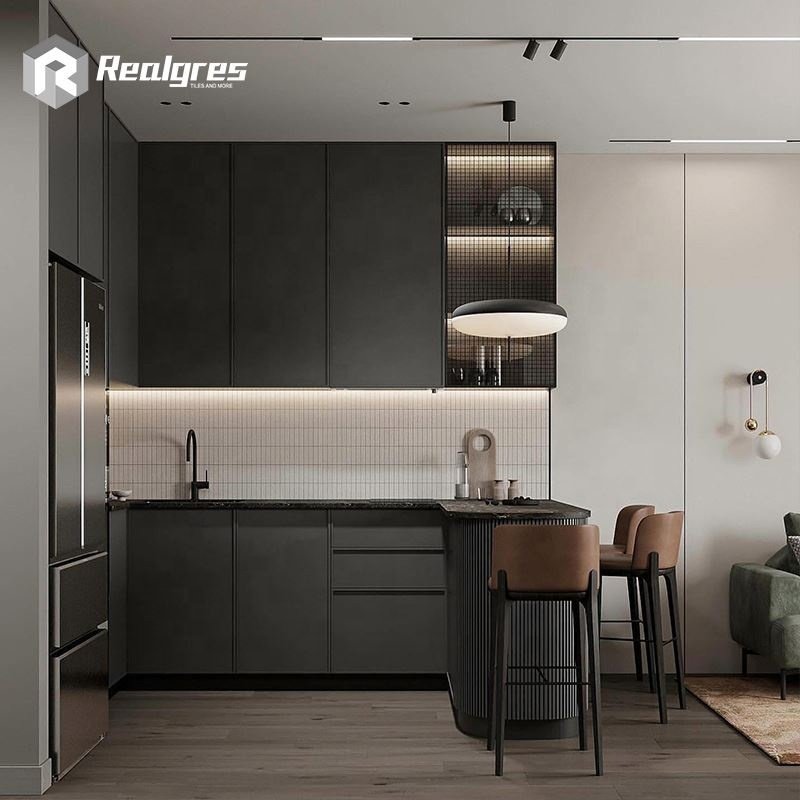Realgres Frameless Backsplash Handleless L Shaped Lacquer Cupboard Kitchen Cabinet With Glass Door