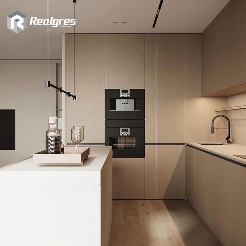 Realgres Frameless Backsplash Handleless L Shaped Lacquer Cupboard Kitchen Cabinet With Glass Door
