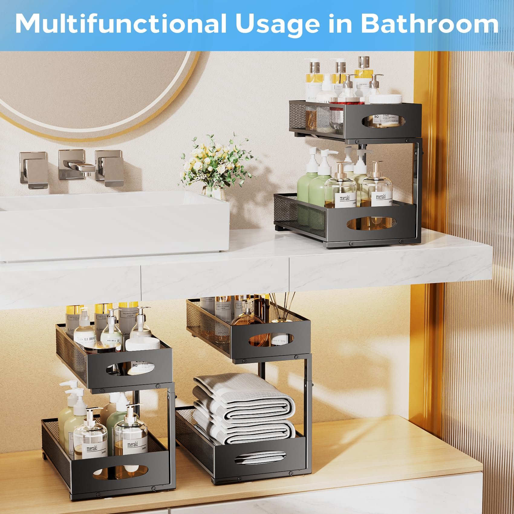 Under Sink Organizer 2 Tier Pull out Cabinet Organizer Baskets with Mesh Sliding Drawers