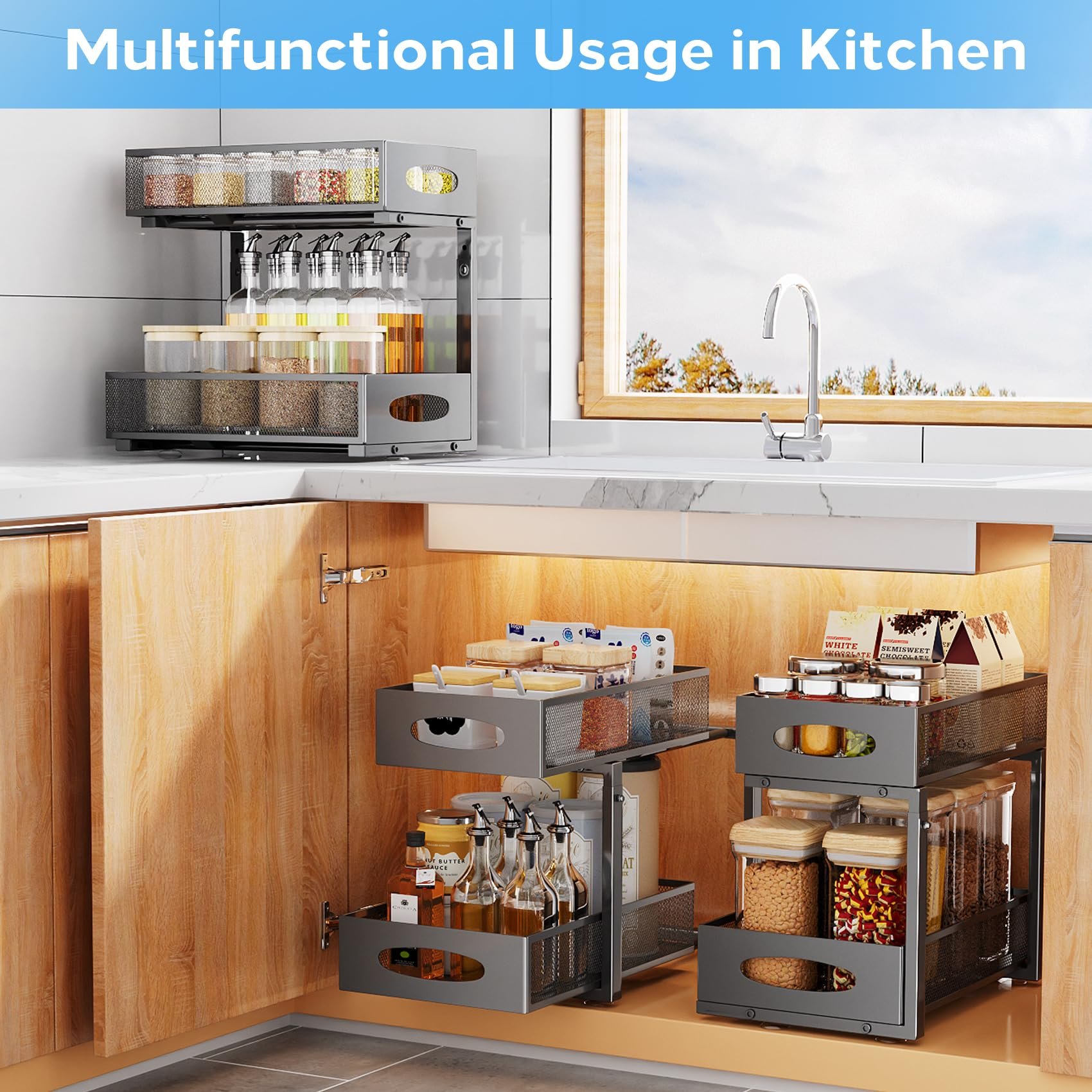 Under Sink Organizer 2 Tier Pull out Cabinet Organizer Baskets with Mesh Sliding Drawers