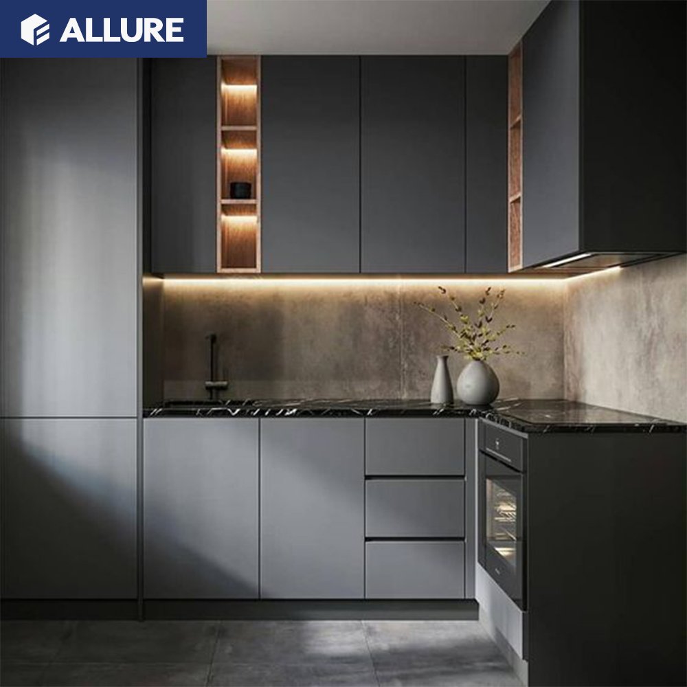 Allure modular storage particle board cabinet folding kitchen cupboard lacquer kitchen storage cabinet with soft closing drawers