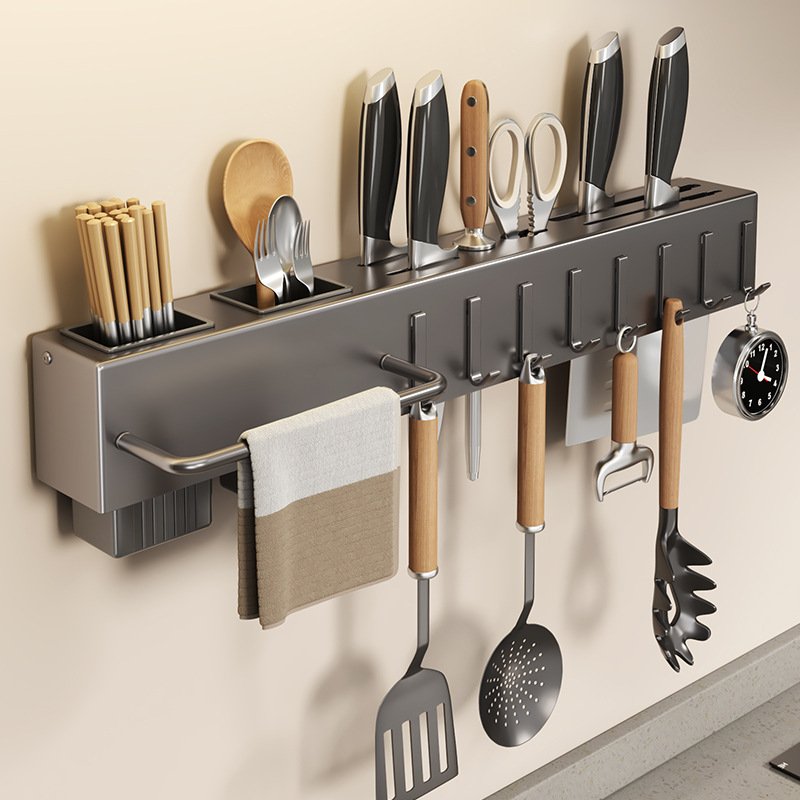 Non perforated kitchen storage rack, household wall mounted multifunctional kitchen knife holder, chopstick holder, integrated