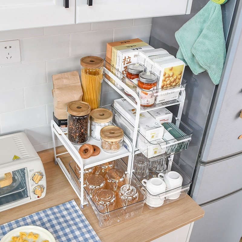 Hot Sale Kitchen Countertop Storage Metal Cupboard Rack Pull Out Organizer with Clear Drawer