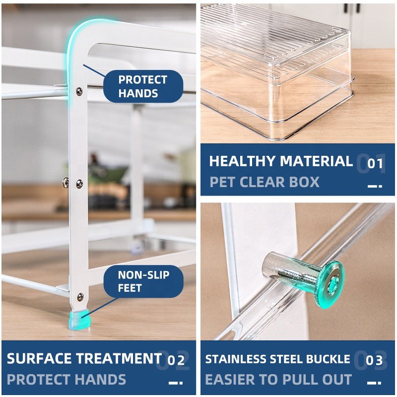 Hot Sale Kitchen Countertop Storage Metal Cupboard Rack Pull Out Organizer with Clear Drawer