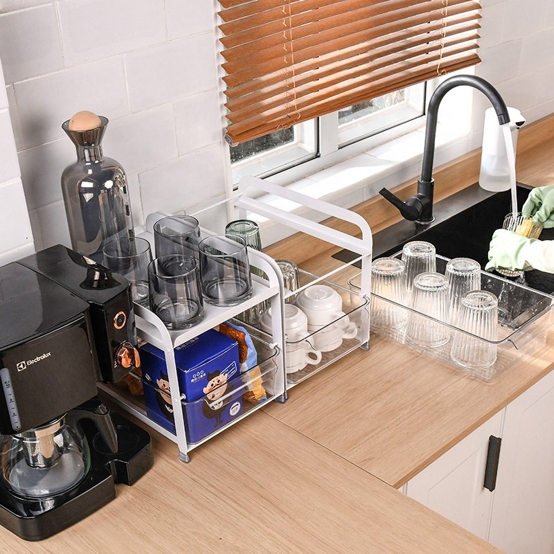 Hot Sale Kitchen Countertop Storage Metal Cupboard Rack Pull Out Organizer with Clear Drawer