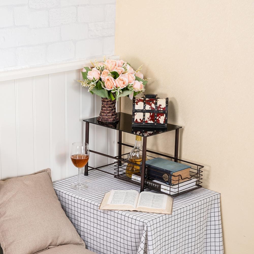 Single Tier Black Tempered Glass Top Metal Wire Mesh Sliding Kitchen Spice Rack Cabinet Pull out Organizer Drawer Storage Basket