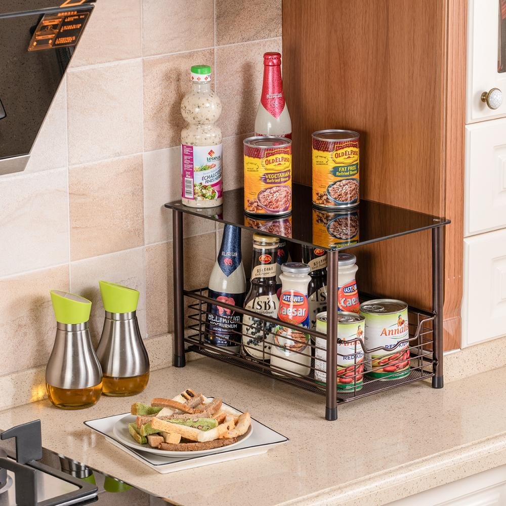 Single Tier Black Tempered Glass Top Metal Wire Mesh Sliding Kitchen Spice Rack Cabinet Pull out Organizer Drawer Storage Basket